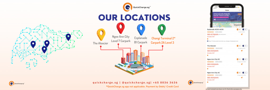 High-speed electric vehicle charging station at QuickCharge.sg, offering convenient and reliable charging solutions for electric vehicles in Singapore. Location include The Alexcier (Alexandra Road), Ngee Ann City, Esplanade - Theatres by The Bay, Changi Airport Terminal 2
